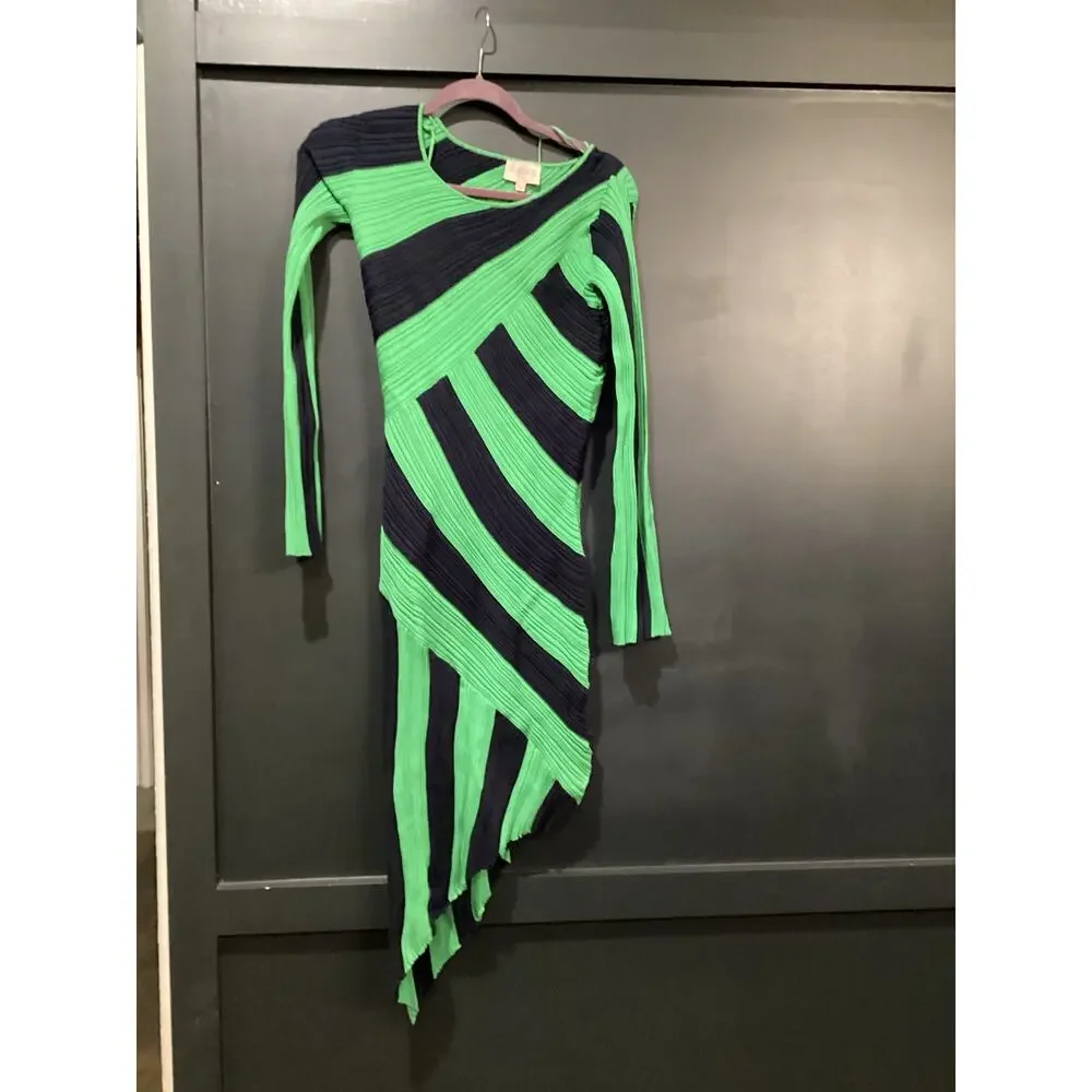 Ciebon Osha Directional Stripe Long Sleeve Asymmetric Knit Midi Dress Green S - Picture 10 of 12